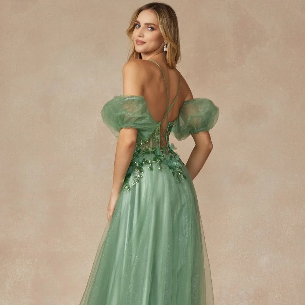 NEW FLOOR LENGTH OFF SHOULDER A-LINE DRESS WITH REMOVABLE PUFF SLEEVES JT 2401 - Picture 9 of 11